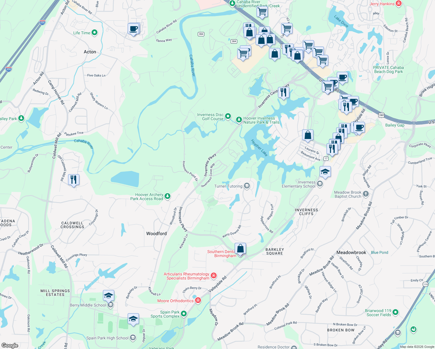 map of restaurants, bars, coffee shops, grocery stores, and more near 1361 Inverness Cove Drive in Birmingham