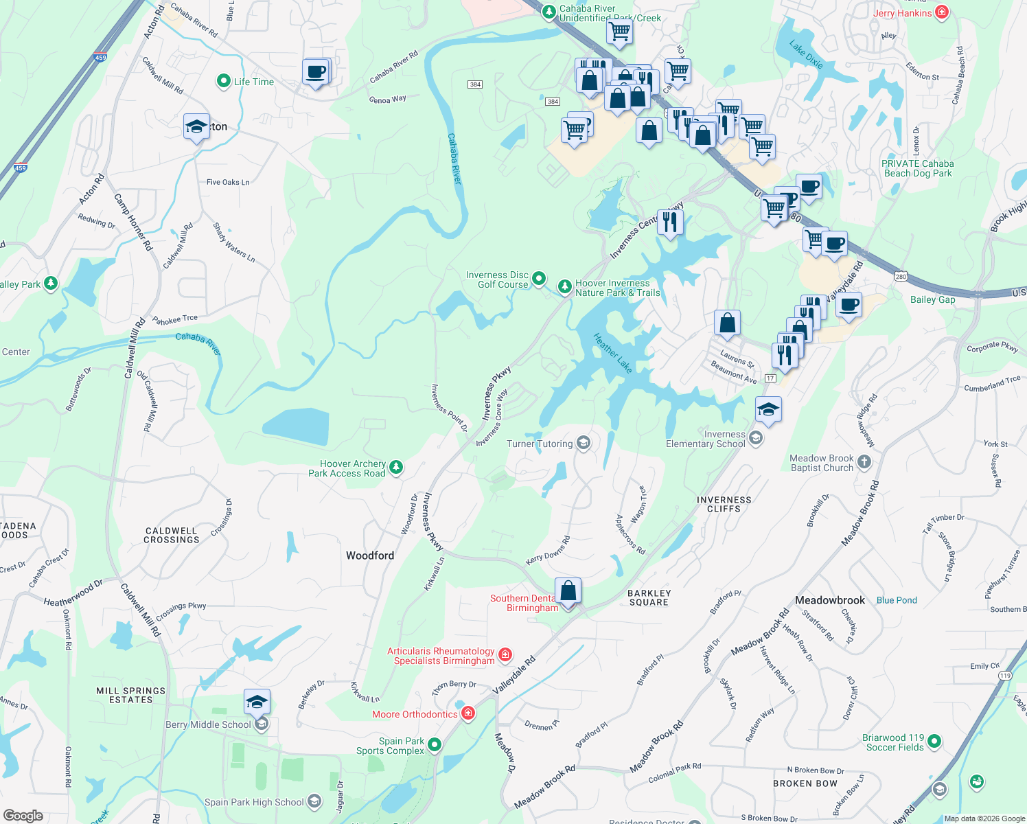 map of restaurants, bars, coffee shops, grocery stores, and more near 1532 Inverness Cove Lane in Birmingham