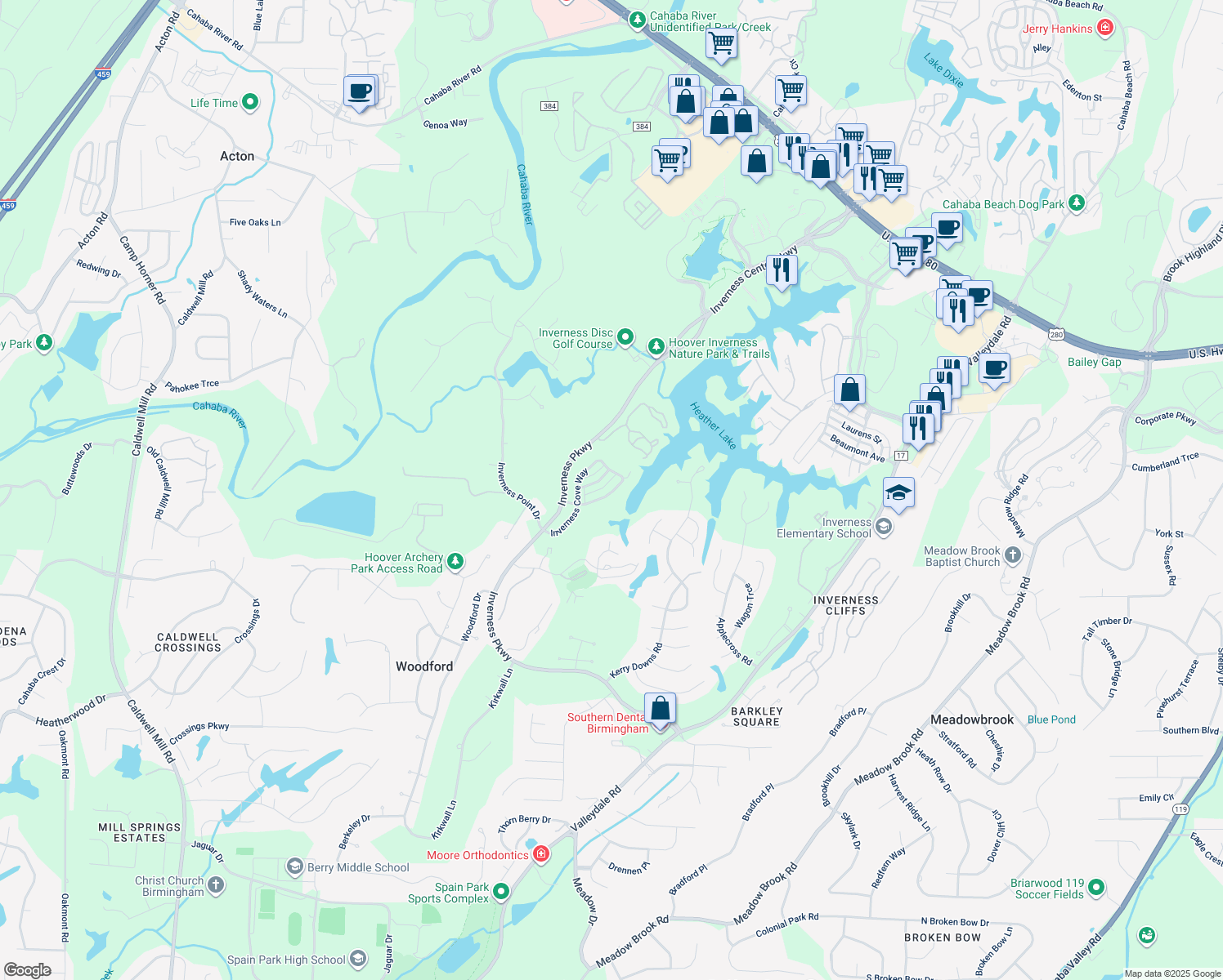 map of restaurants, bars, coffee shops, grocery stores, and more near 1315 Inverness Cove Drive in Birmingham