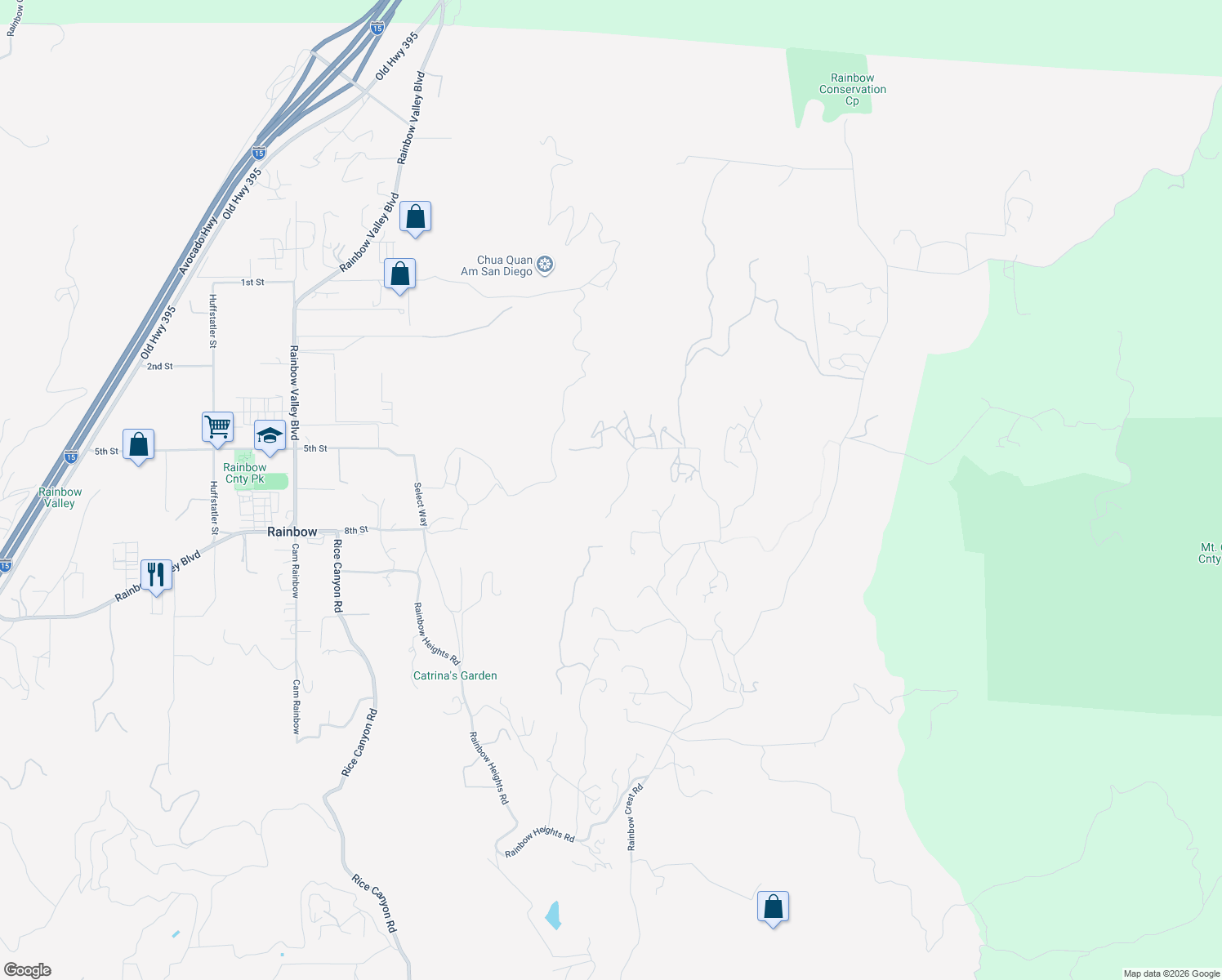map of restaurants, bars, coffee shops, grocery stores, and more near 6750 Rainbow Heights Road in Fallbrook