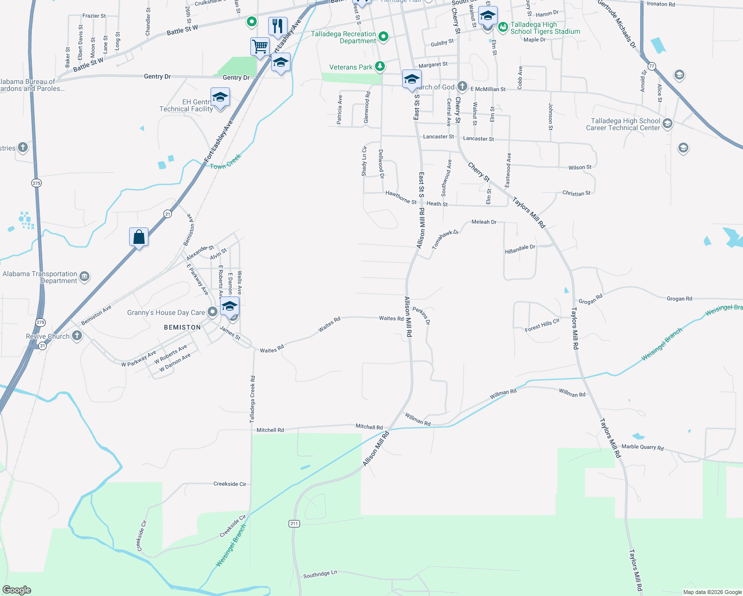 map of restaurants, bars, coffee shops, grocery stores, and more near 114 Ridgeview Road in Talladega