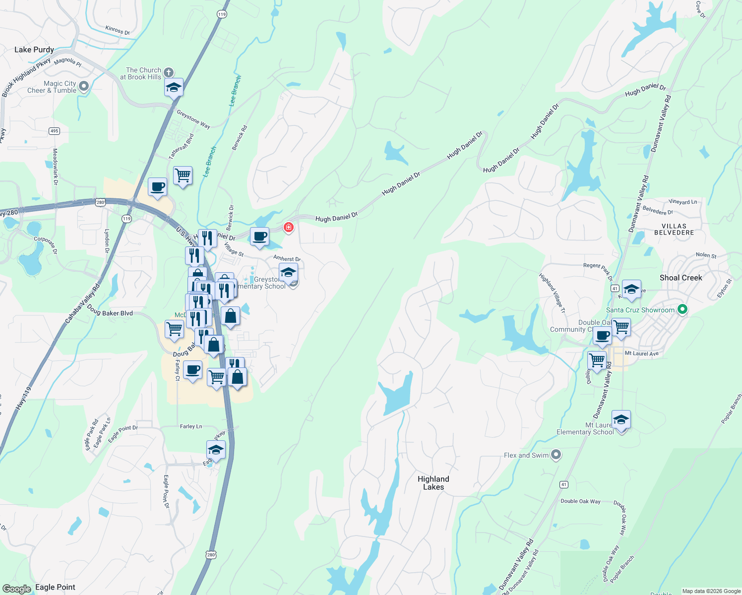map of restaurants, bars, coffee shops, grocery stores, and more near 347 Highland View Drive in Birmingham