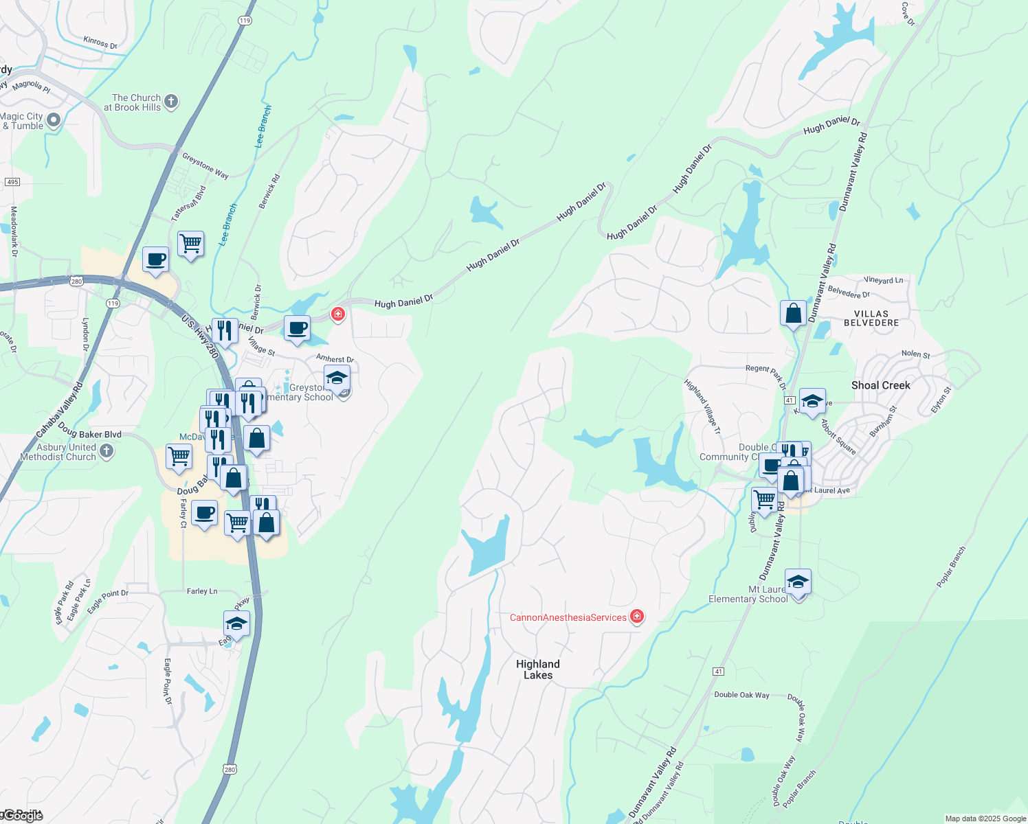 map of restaurants, bars, coffee shops, grocery stores, and more near 2072 Knollwood Place in Birmingham