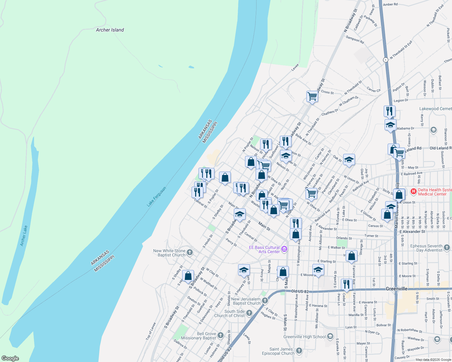 map of restaurants, bars, coffee shops, grocery stores, and more near 306 Washington Avenue in Greenville
