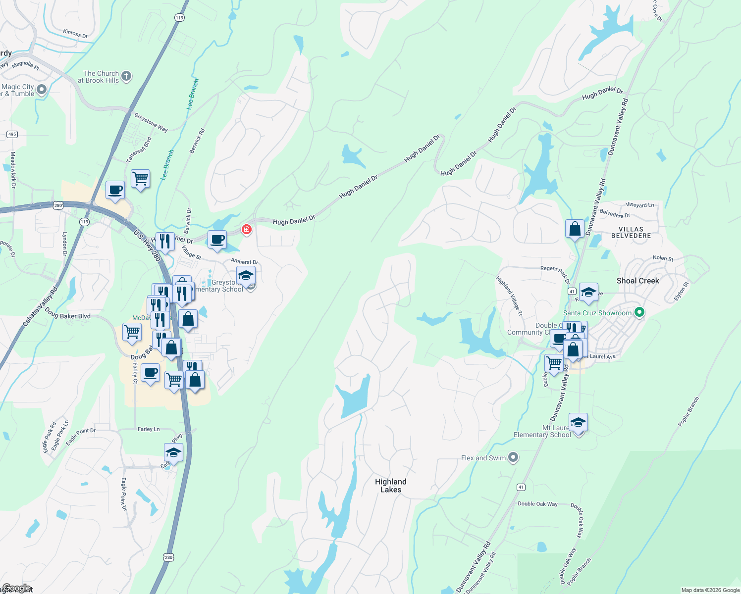 map of restaurants, bars, coffee shops, grocery stores, and more near 2075 Knollwood Place in Birmingham