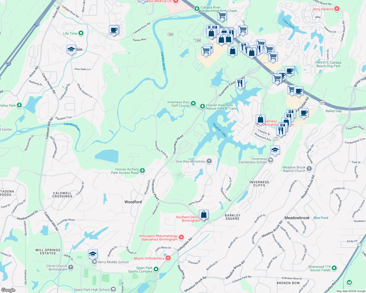 map of restaurants, bars, coffee shops, grocery stores, and more near 1528 Inverness Point Cove Lane in Birmingham
