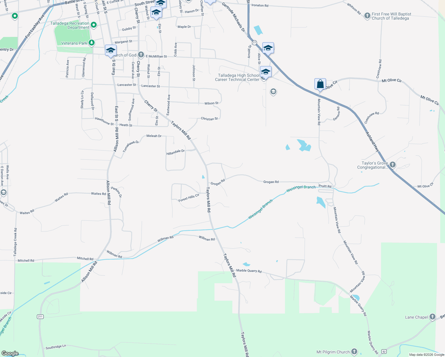 map of restaurants, bars, coffee shops, grocery stores, and more near 81 Grogan Road in Talladega