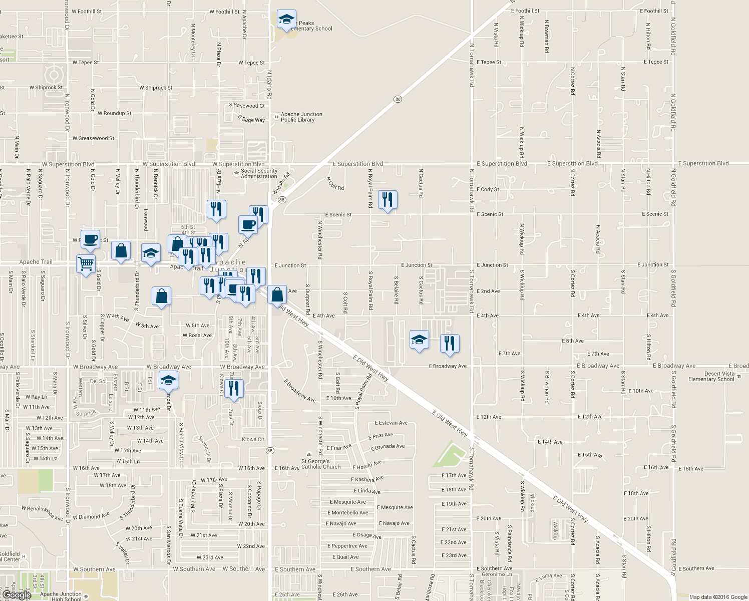 map of restaurants, bars, coffee shops, grocery stores, and more near 277 S Royal Palm Rd in Apache Junction
