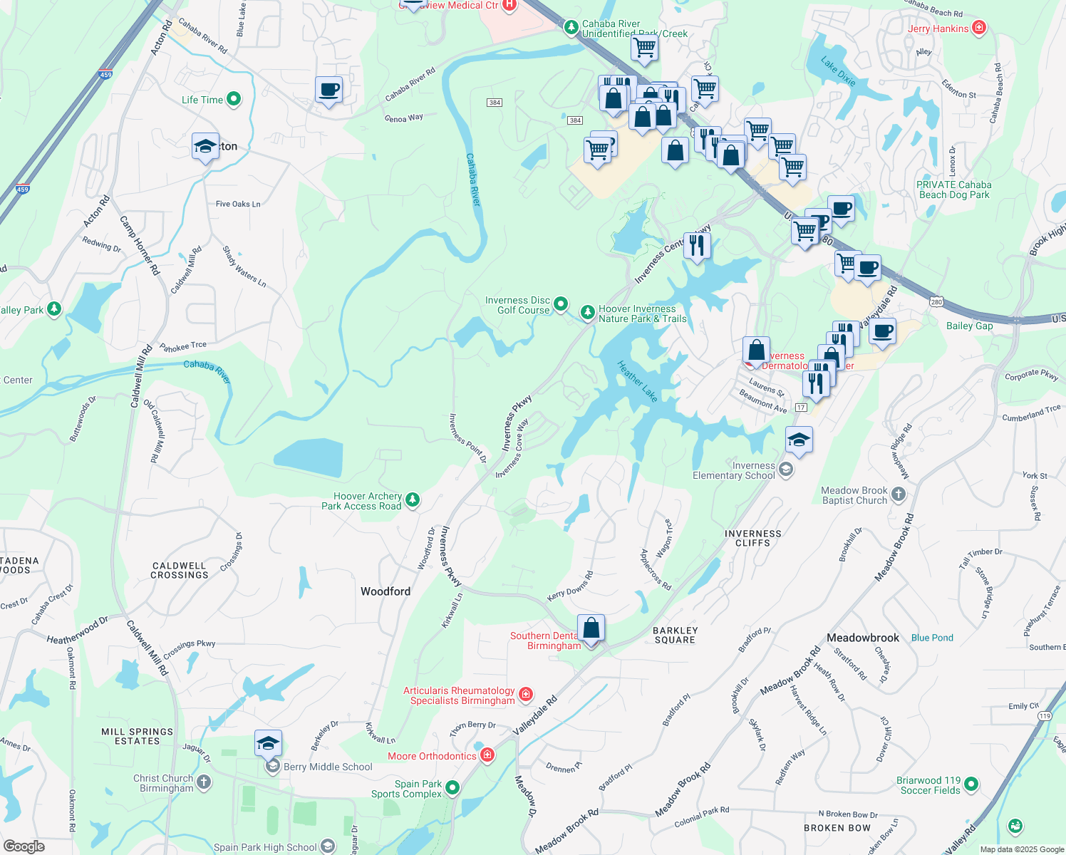 map of restaurants, bars, coffee shops, grocery stores, and more near 1532 Inverness Cove Lane in Birmingham