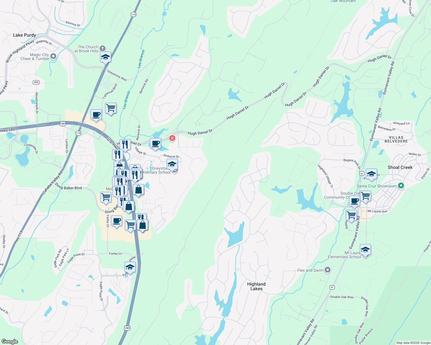 map of restaurants, bars, coffee shops, grocery stores, and more near 347 Highland View Drive in Birmingham