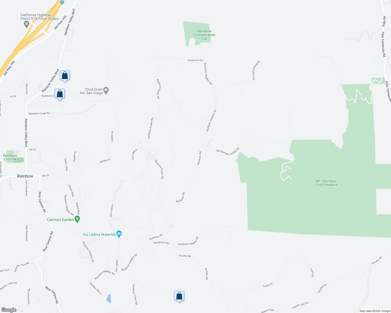 map of restaurants, bars, coffee shops, grocery stores, and more near Rainbow Heights Road in Fallbrook