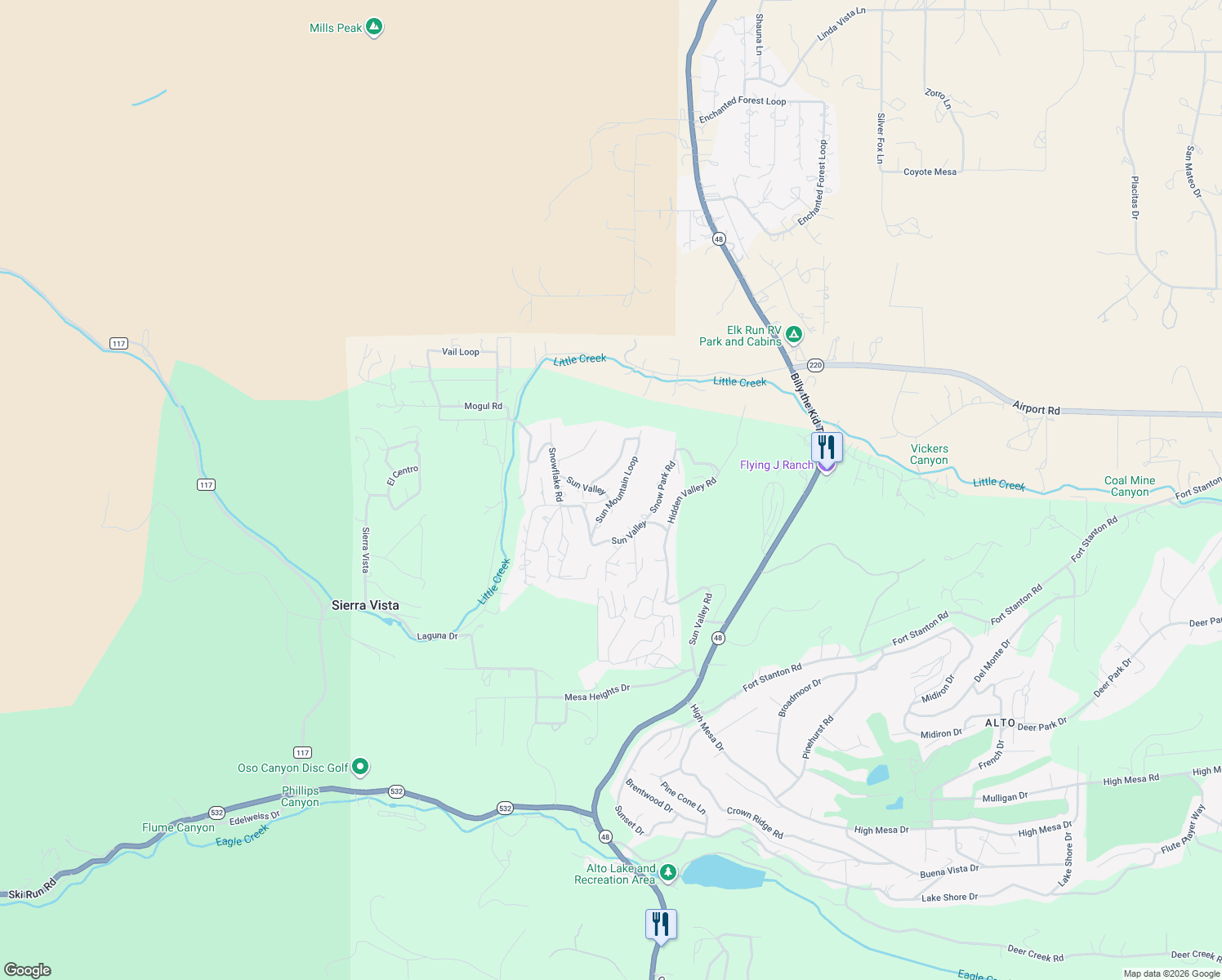 map of restaurants, bars, coffee shops, grocery stores, and more near 100-210 Sun Mountain Loop in Alto