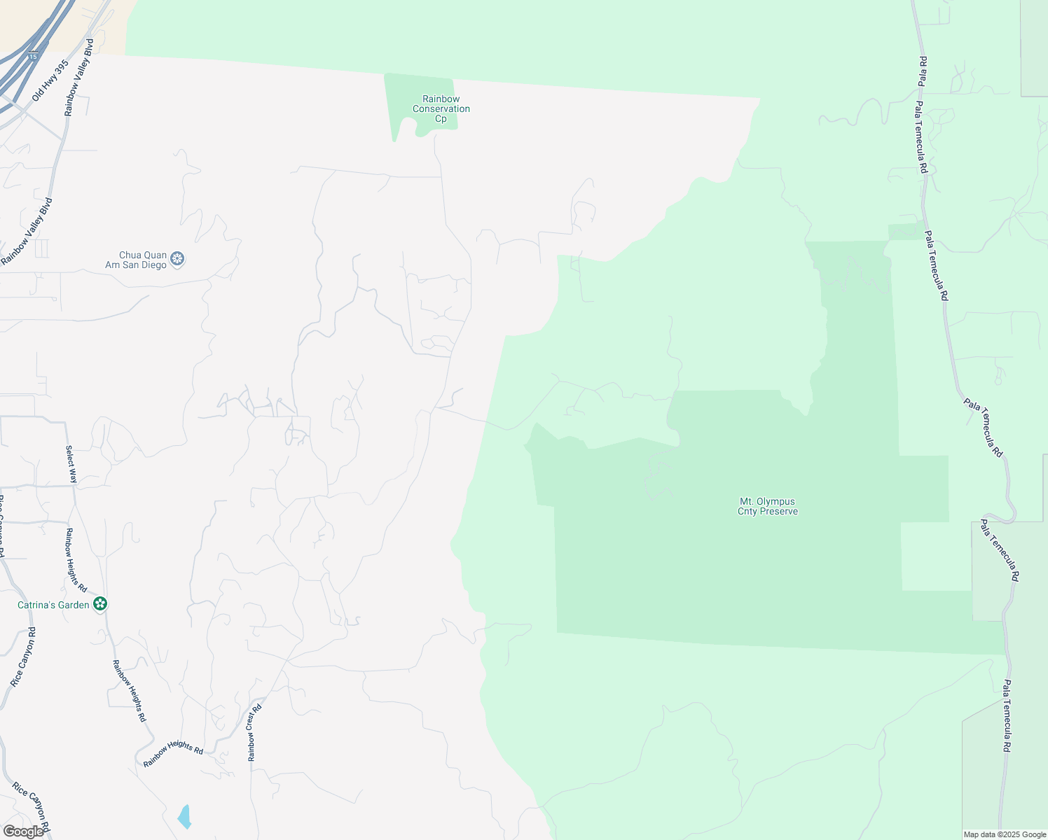 map of restaurants, bars, coffee shops, grocery stores, and more near Mount Olympus Valley Road in San Diego County