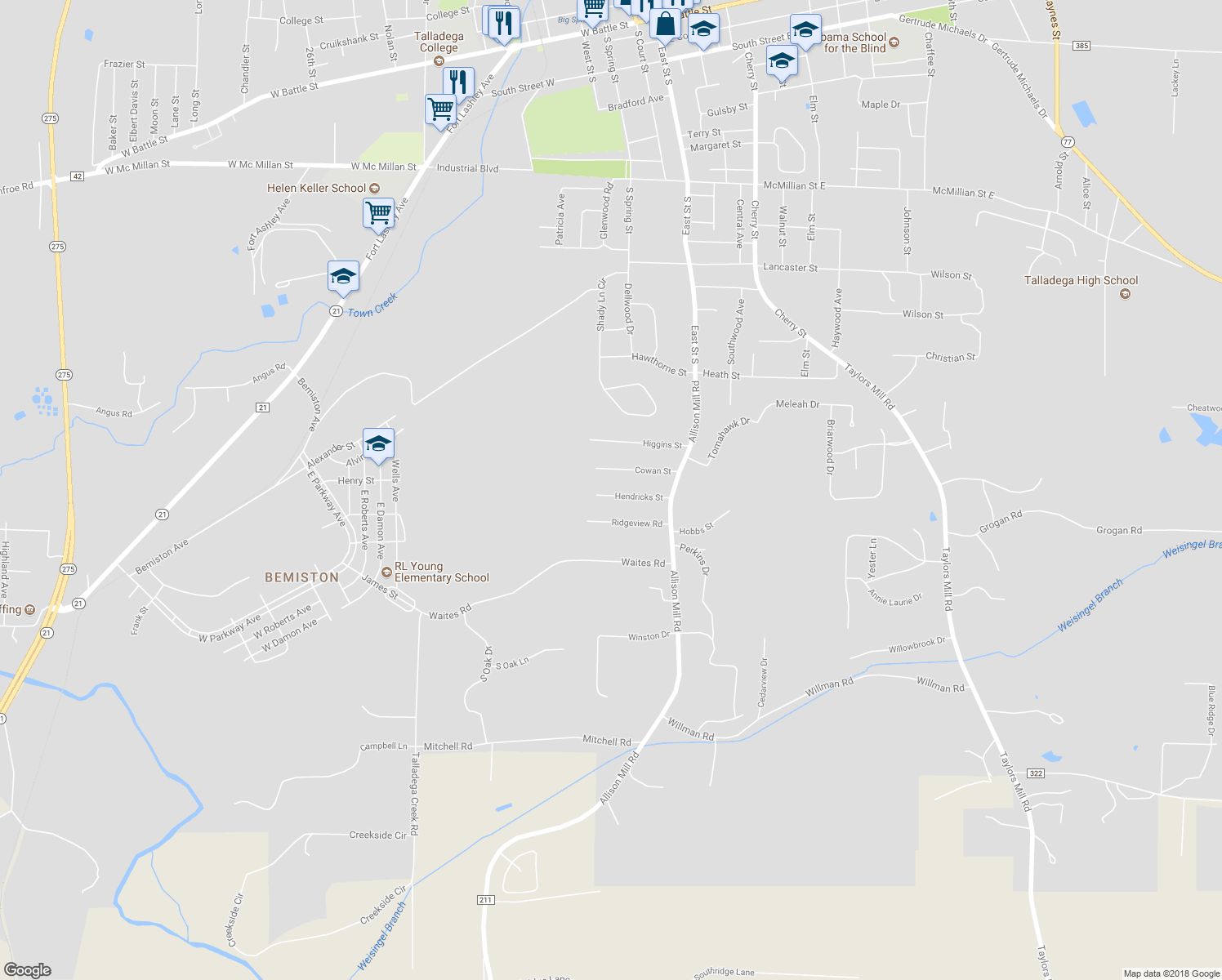map of restaurants, bars, coffee shops, grocery stores, and more near 121 Hendricks Street in Talladega
