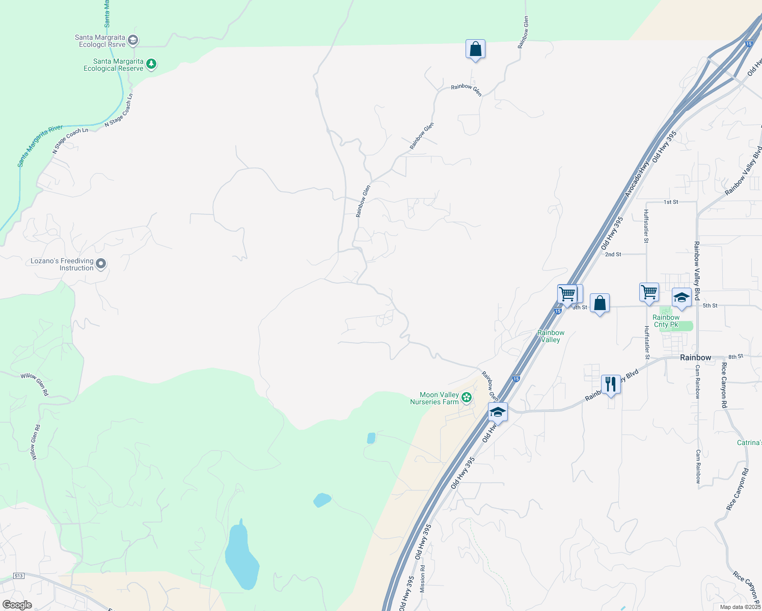 map of restaurants, bars, coffee shops, grocery stores, and more near 1996 Rainbow Glen in Fallbrook