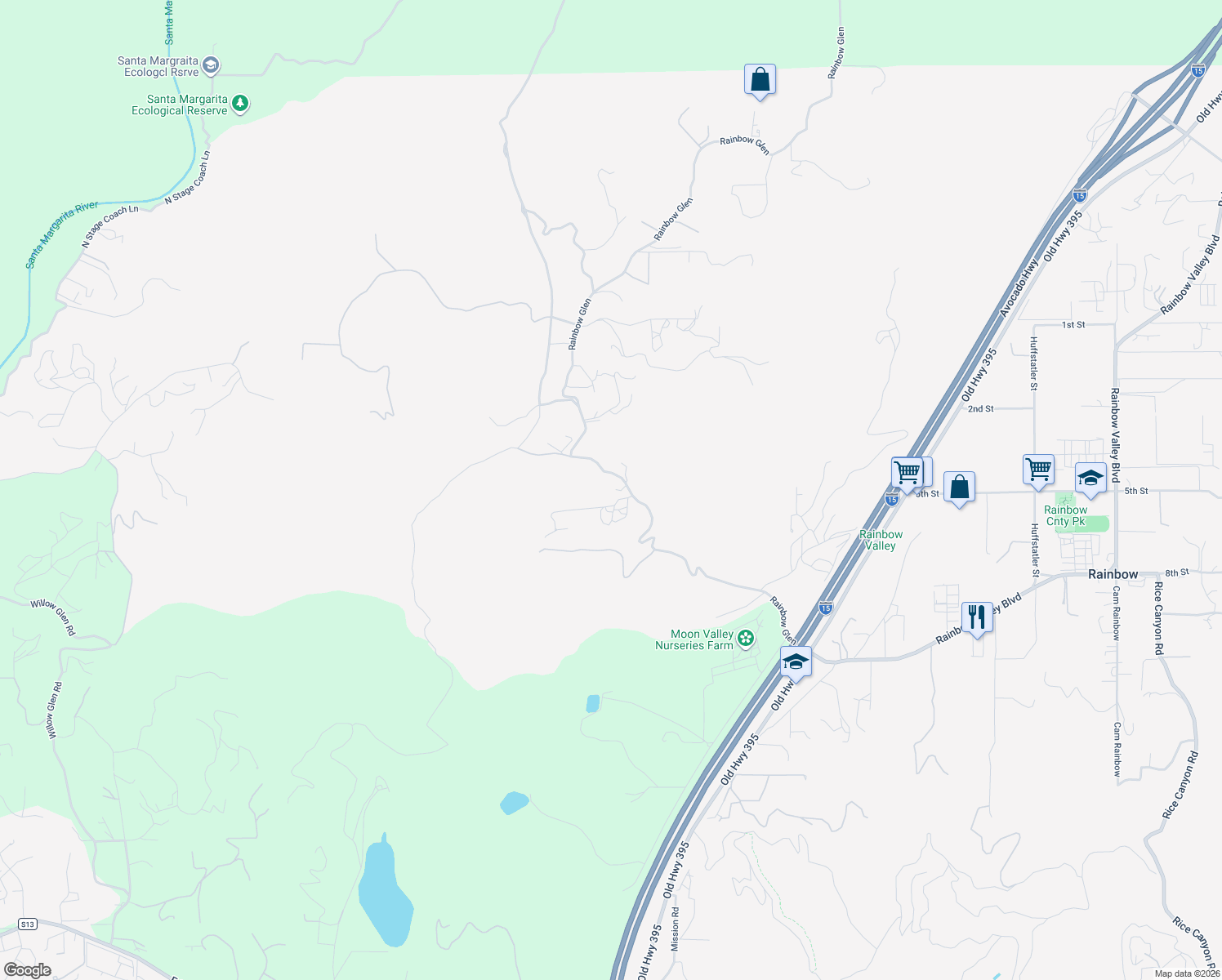 map of restaurants, bars, coffee shops, grocery stores, and more near 1996 Rainbow Glen in Fallbrook