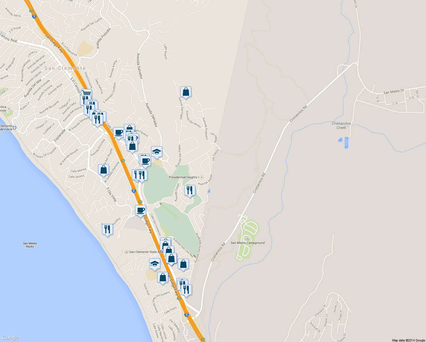 map of restaurants, bars, coffee shops, grocery stores, and more near 572 Avenida Adobe in San Clemente