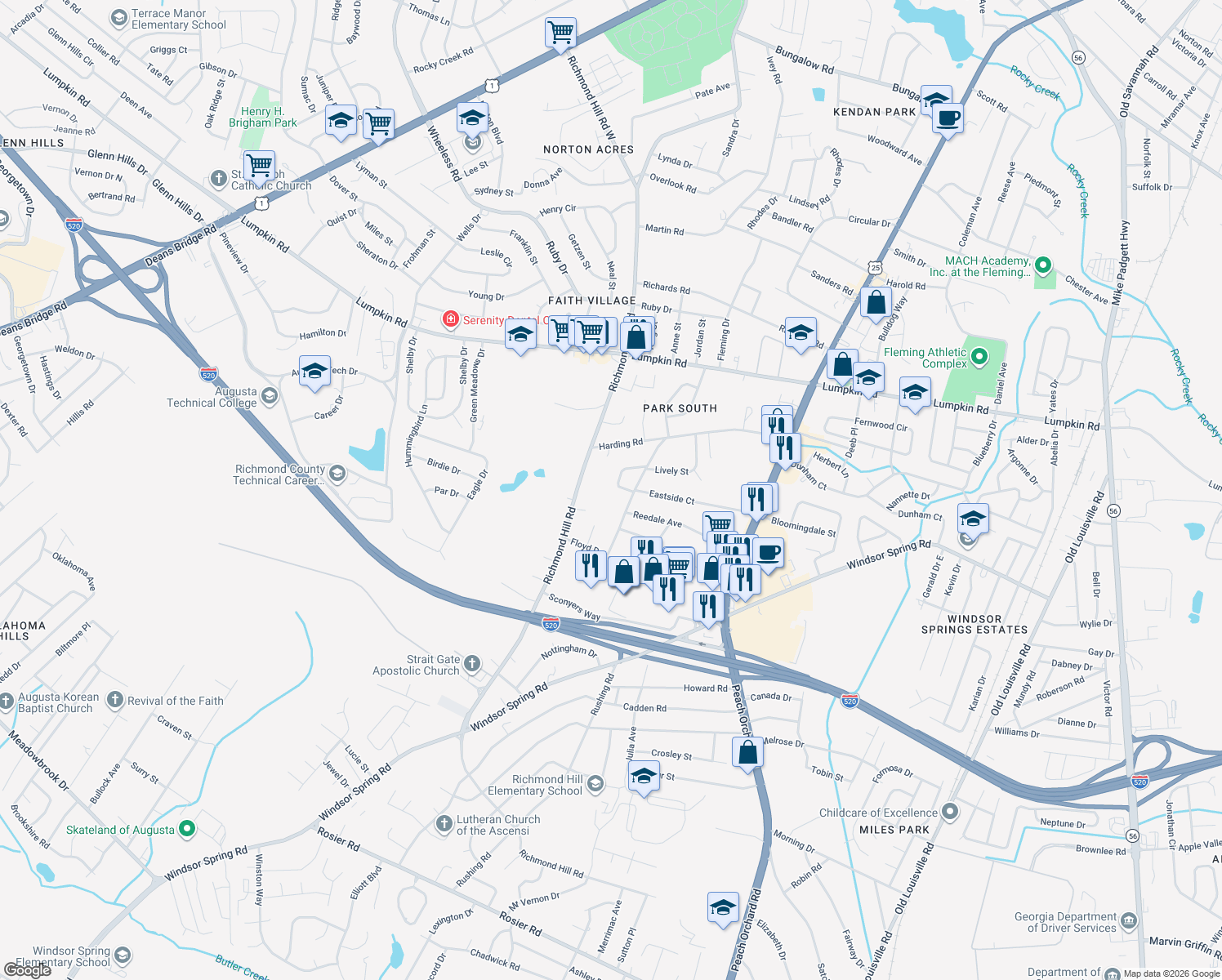 map of restaurants, bars, coffee shops, grocery stores, and more near 3137 Floyd Circle in Augusta