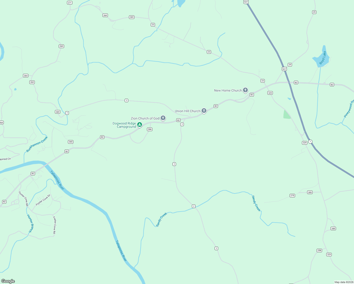 map of restaurants, bars, coffee shops, grocery stores, and more near 3461 County Road 7 in Wedowee