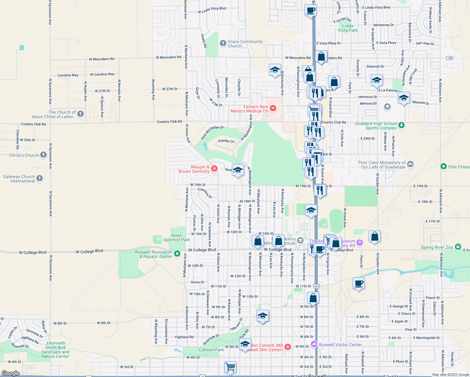 map of restaurants, bars, coffee shops, grocery stores, and more near 1819 North Cambridge Avenue in Roswell