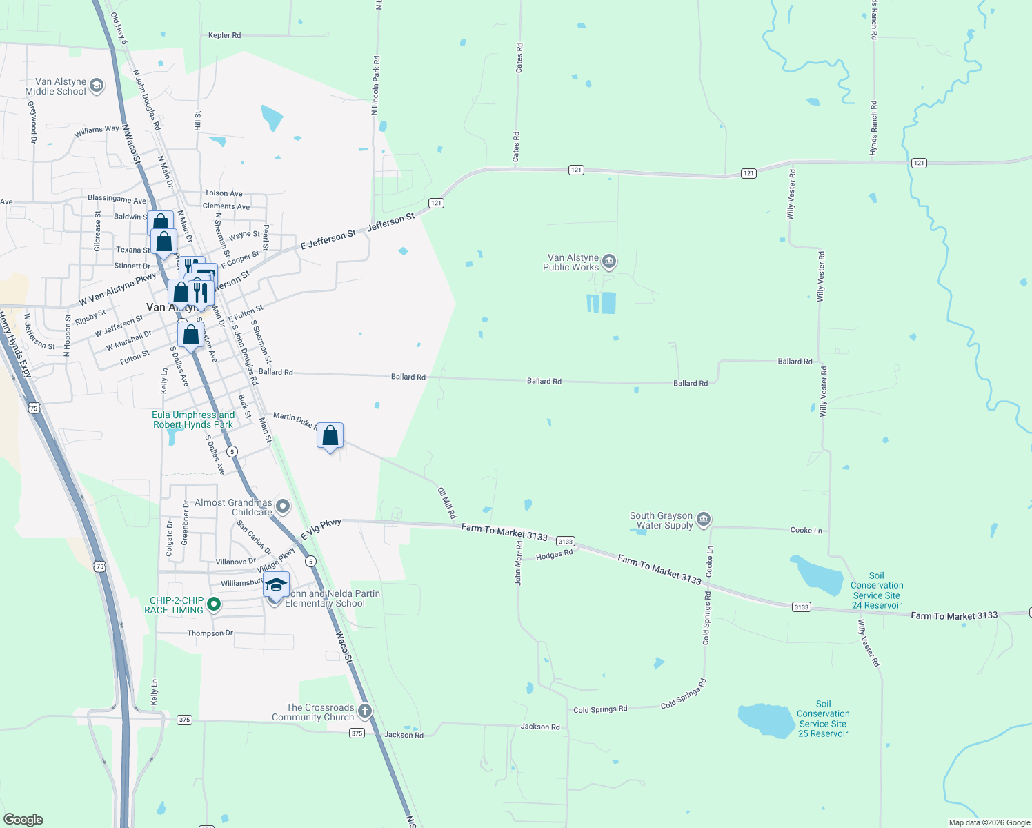 map of restaurants, bars, coffee shops, grocery stores, and more near 1000 Ballard Road in Van Alstyne