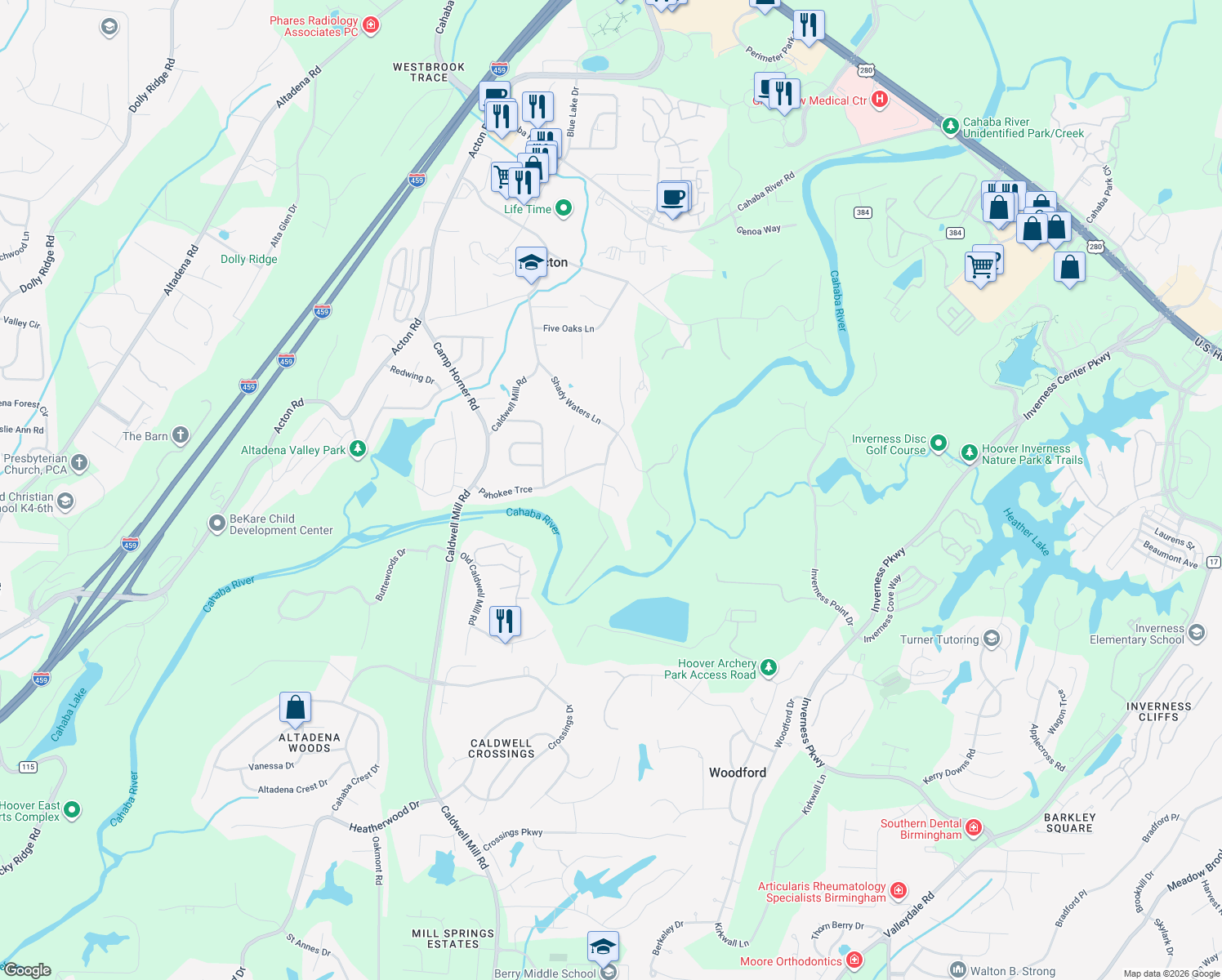 map of restaurants, bars, coffee shops, grocery stores, and more near 4811 Rustlewood Way in Birmingham
