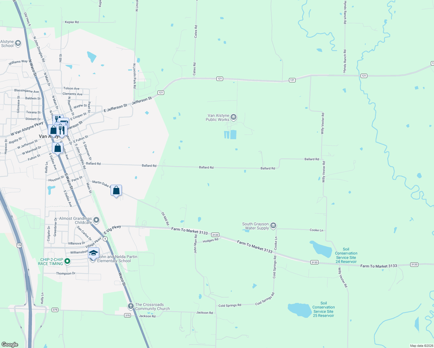 map of restaurants, bars, coffee shops, grocery stores, and more near 1188 Ballard Road in Van Alstyne