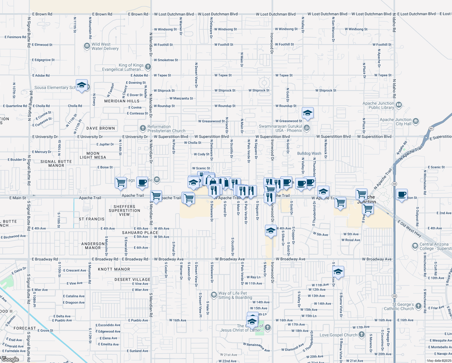 map of restaurants, bars, coffee shops, grocery stores, and more near 224 North Ocotillo Drive in Apache Junction