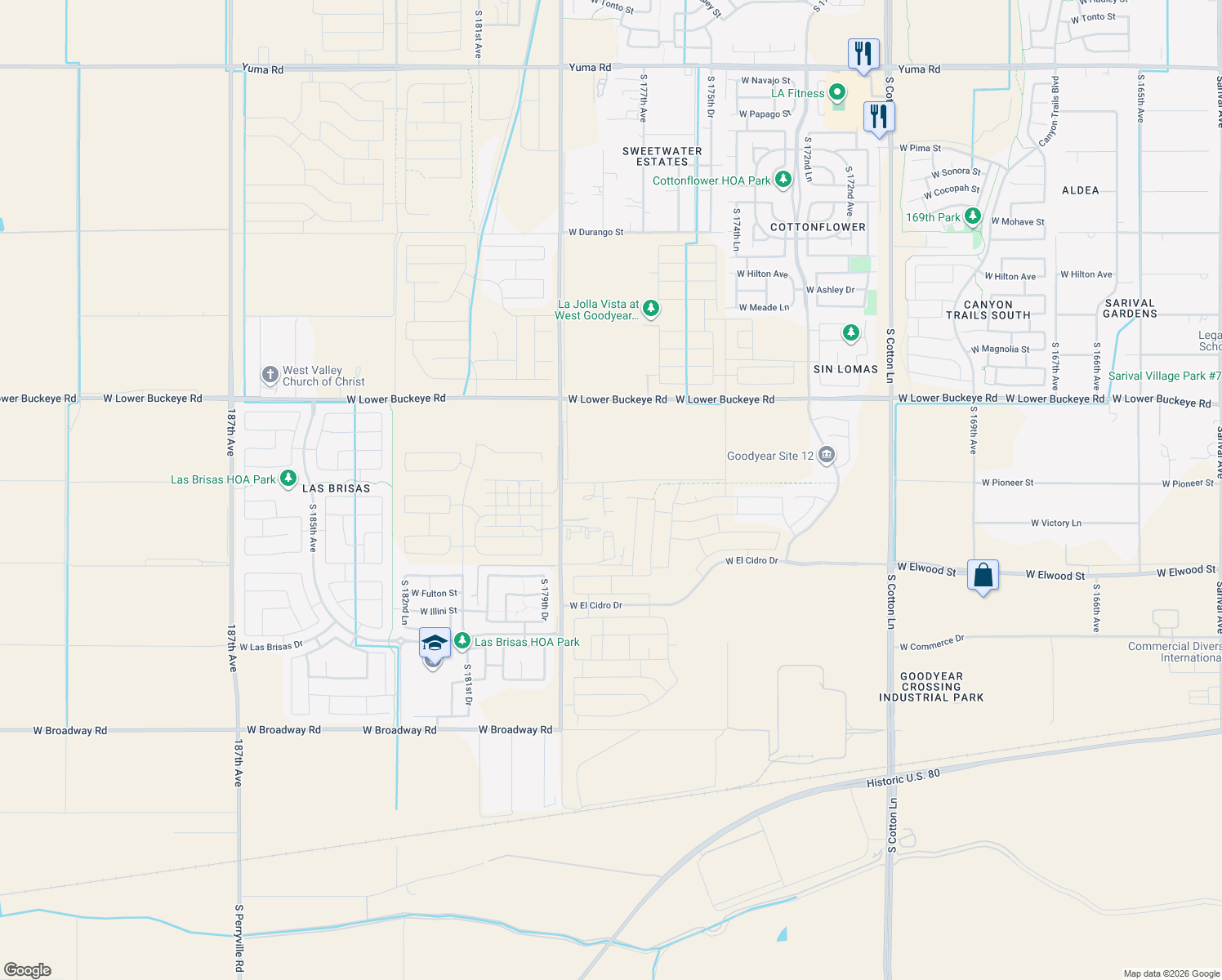 map of restaurants, bars, coffee shops, grocery stores, and more near 17744 West Pioneer Street in Goodyear