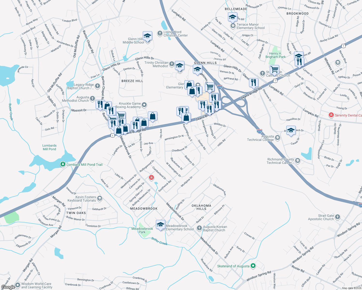 map of restaurants, bars, coffee shops, grocery stores, and more near 3407 Arden Court in Augusta