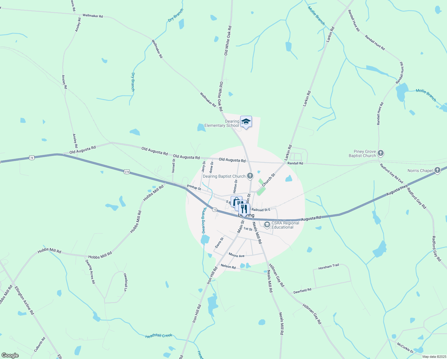 map of restaurants, bars, coffee shops, grocery stores, and more near 223 Printup Street in Dearing