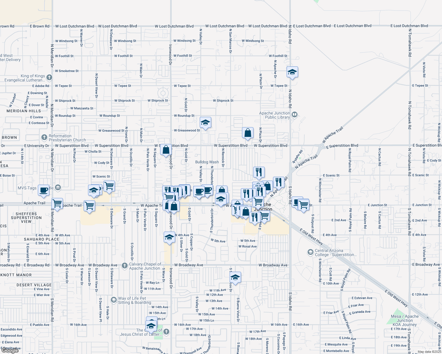 map of restaurants, bars, coffee shops, grocery stores, and more near 384 North Rennick Drive in Apache Junction