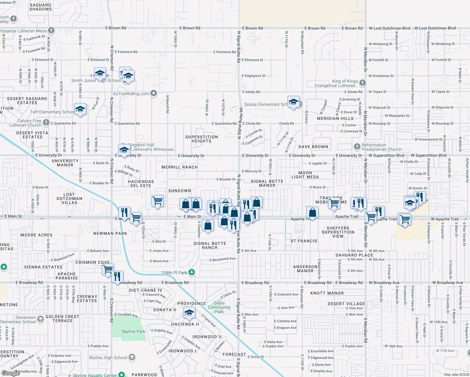 map of restaurants, bars, coffee shops, grocery stores, and more near 150 North Signal Butte Road in Apache Junction