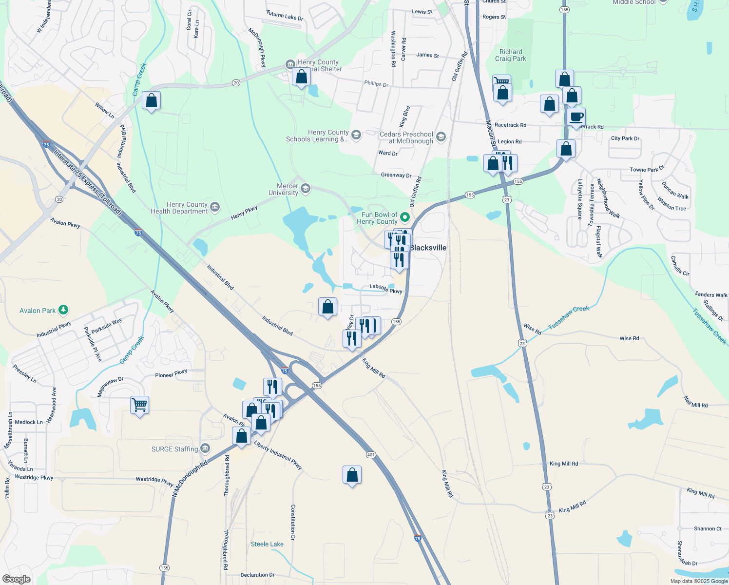 map of restaurants, bars, coffee shops, grocery stores, and more near 2530 Marlin Dr in McDonough
