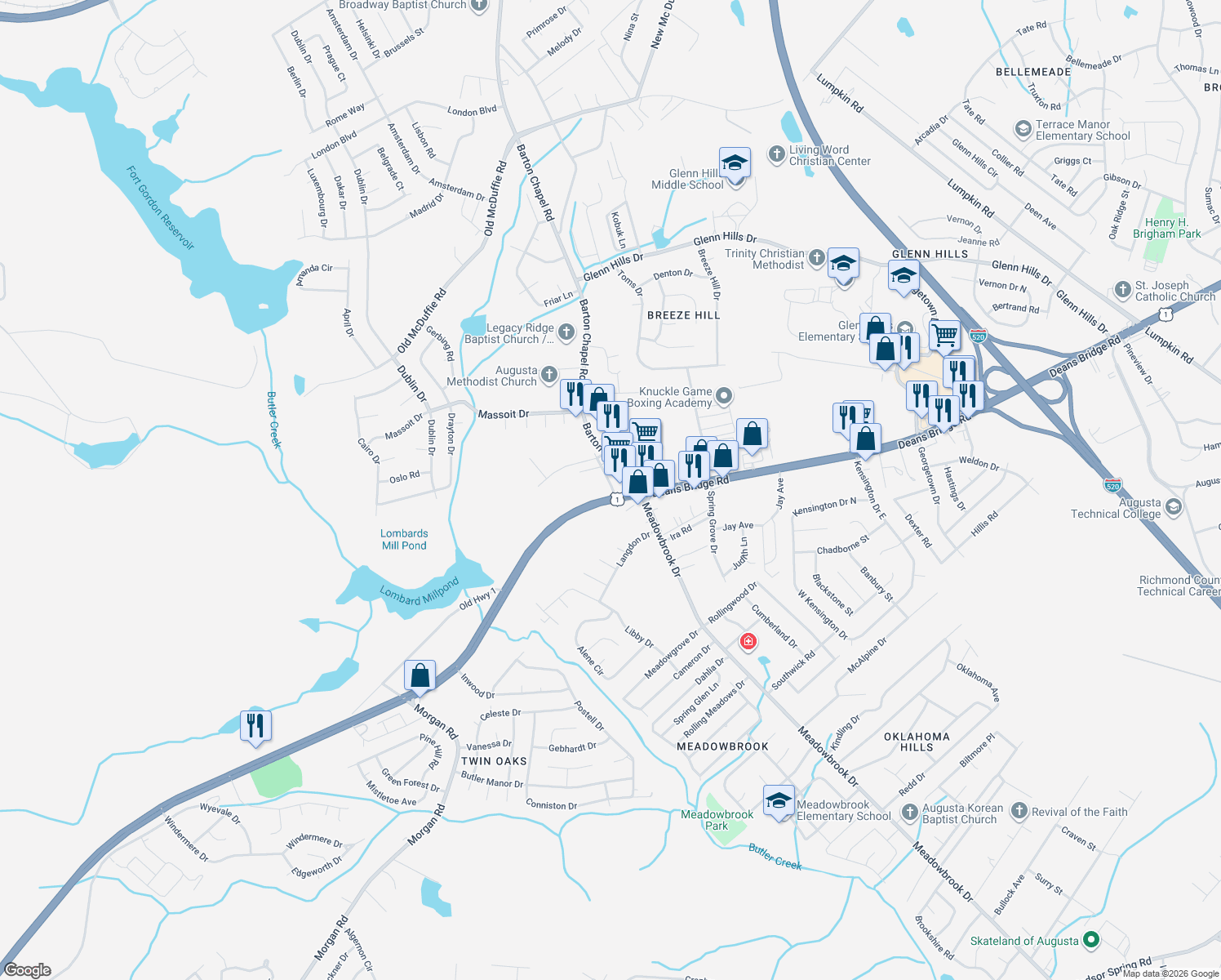 map of restaurants, bars, coffee shops, grocery stores, and more near 3414 Deans Bridge Road in Augusta