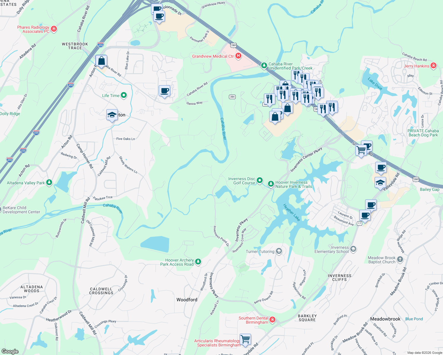 map of restaurants, bars, coffee shops, grocery stores, and more near 2549 Inverness Point Drive in Birmingham