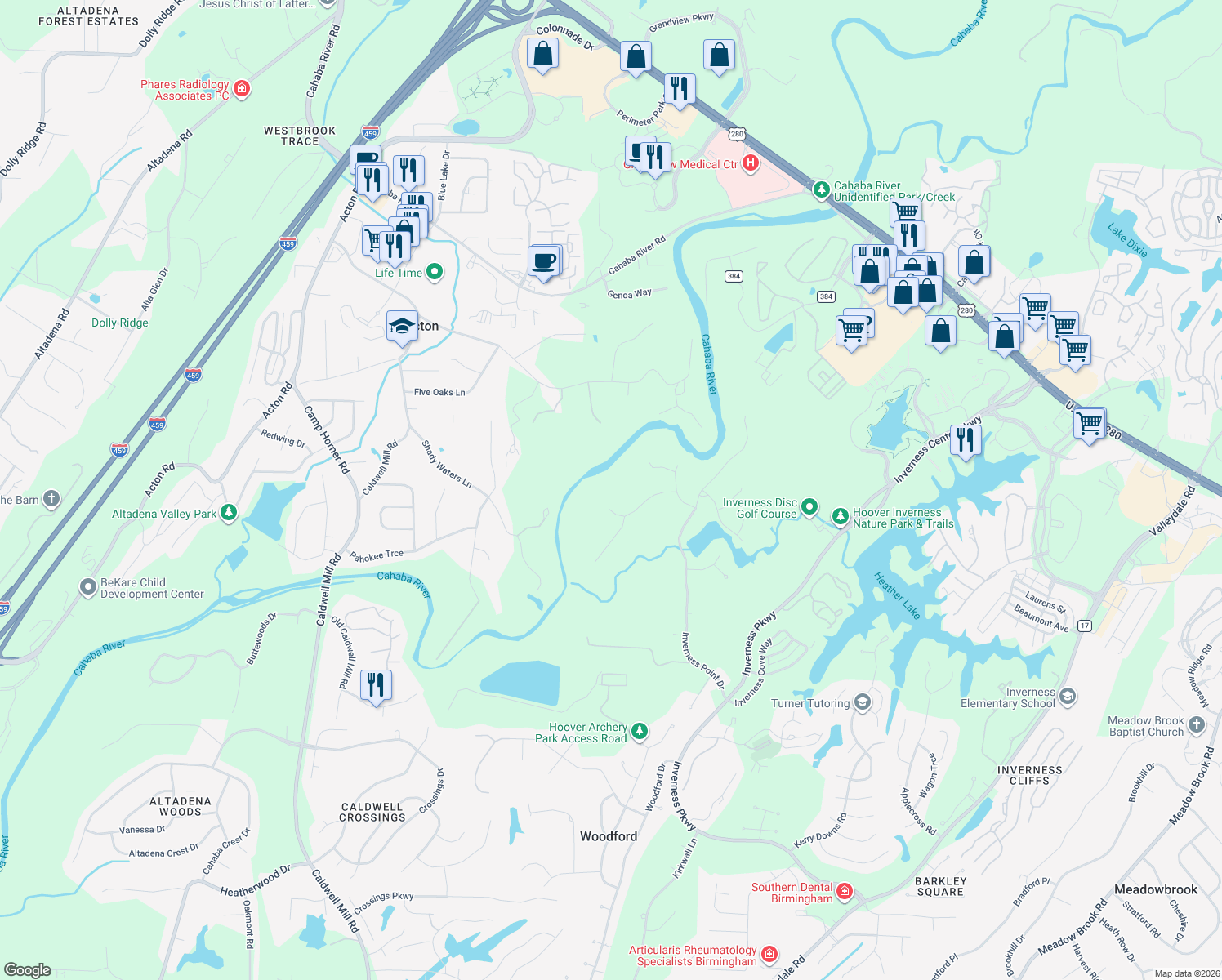 map of restaurants, bars, coffee shops, grocery stores, and more near 3005 River Brook Lane in Birmingham