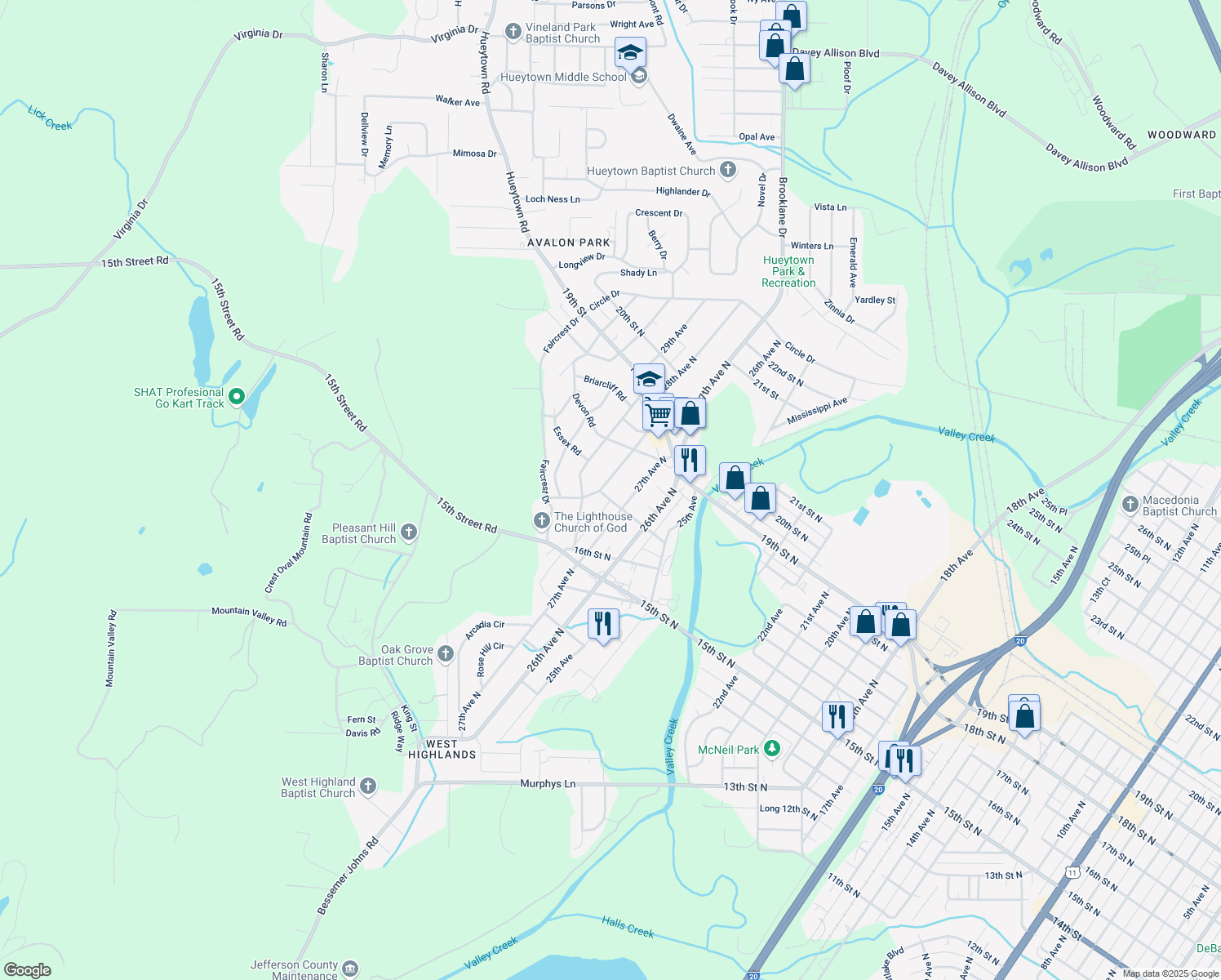map of restaurants, bars, coffee shops, grocery stores, and more near 1705 28th Ave N in Bessemer