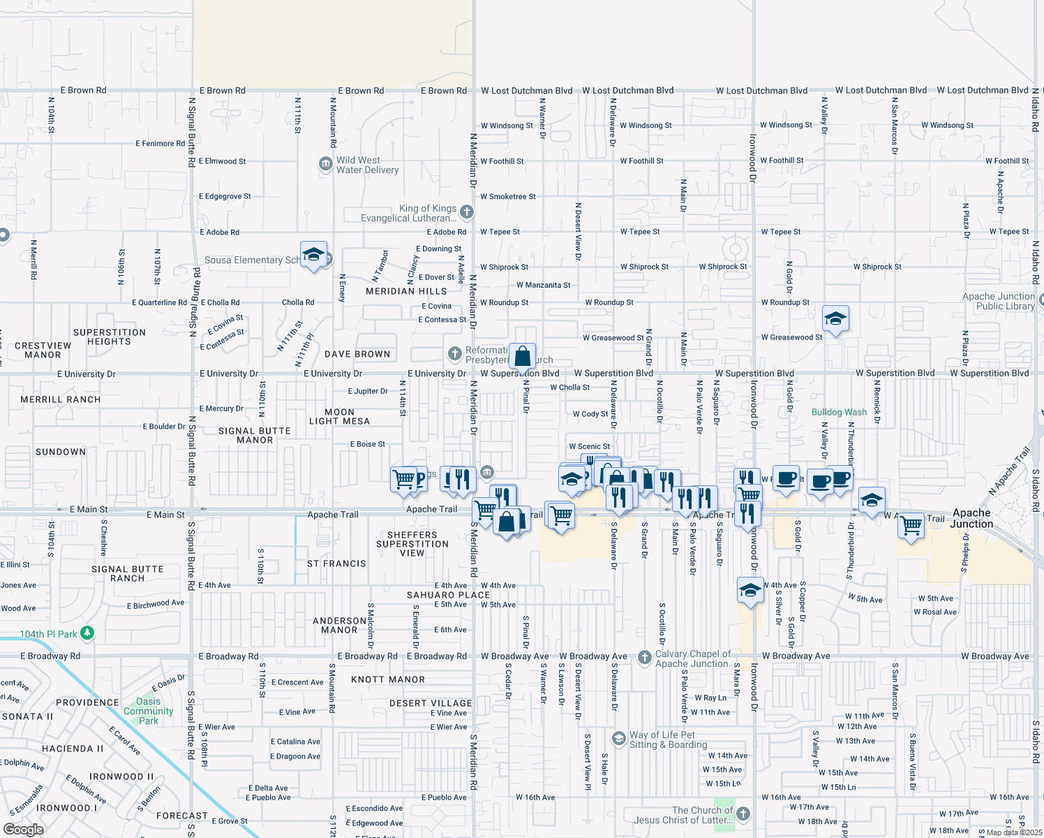 map of restaurants, bars, coffee shops, grocery stores, and more near 540 N Pinal Dr in Apache Junction