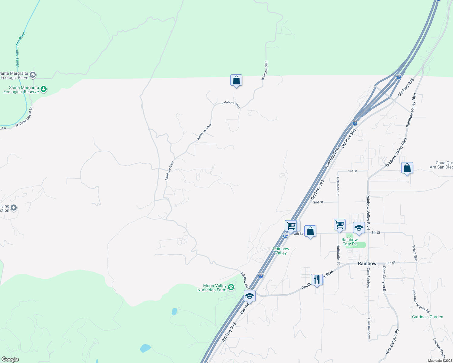 map of restaurants, bars, coffee shops, grocery stores, and more near 2477 Lookout Mountain Road in Fallbrook