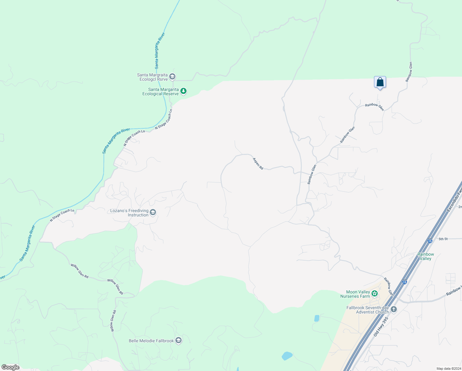 map of restaurants, bars, coffee shops, grocery stores, and more near 3437 Aspen Road in Fallbrook