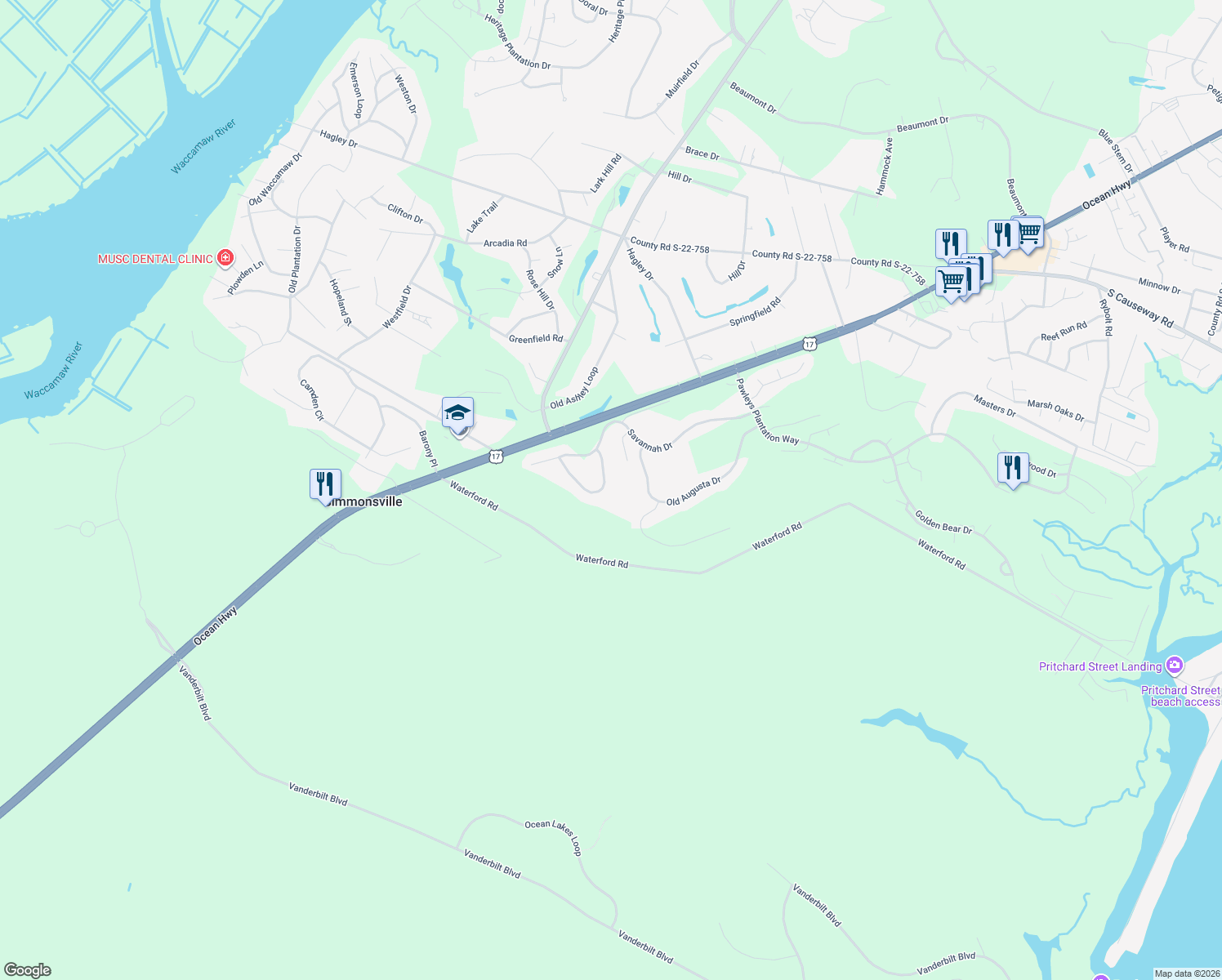 map of restaurants, bars, coffee shops, grocery stores, and more near 119 Red Tail Hawk Loop in Pawleys Island