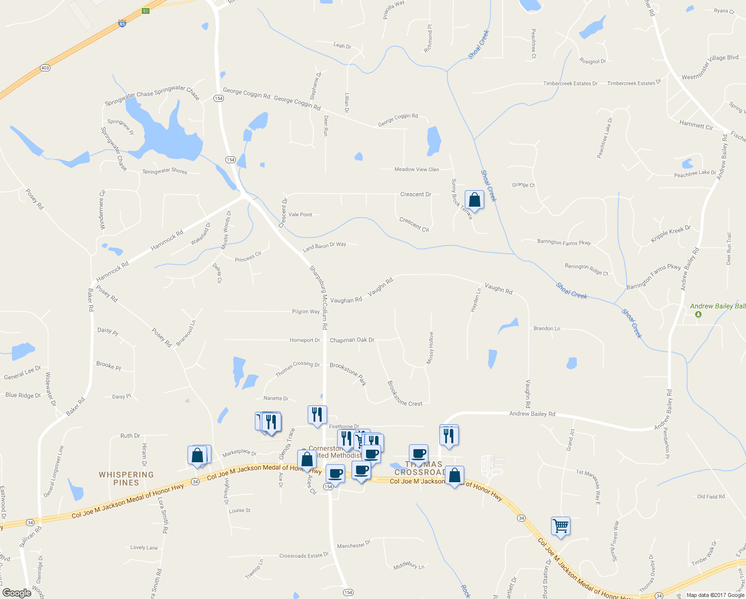 map of restaurants, bars, coffee shops, grocery stores, and more near 722 Vaughn Road in Newnan