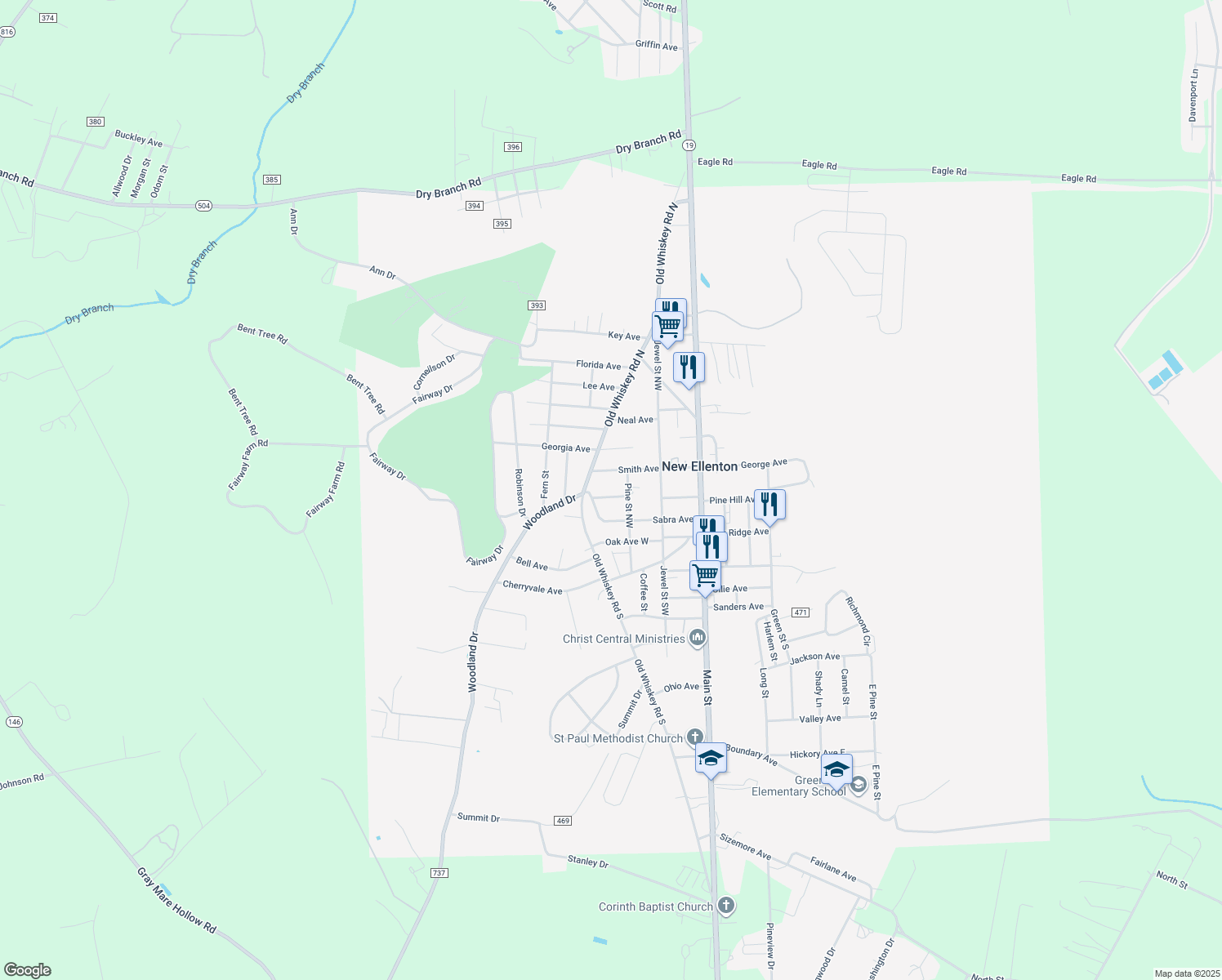 map of restaurants, bars, coffee shops, grocery stores, and more near 304 Ellenton Avenue in New Ellenton