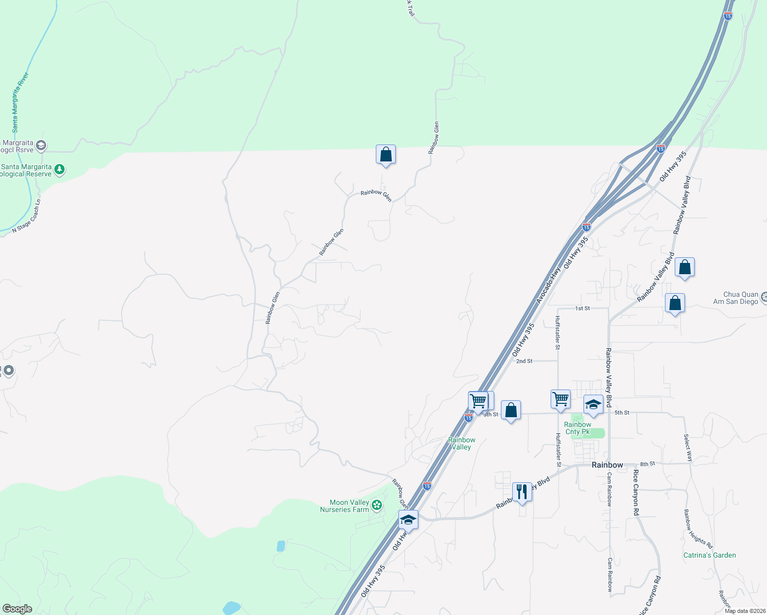 map of restaurants, bars, coffee shops, grocery stores, and more near 2477 Lookout Mountain Road in Fallbrook