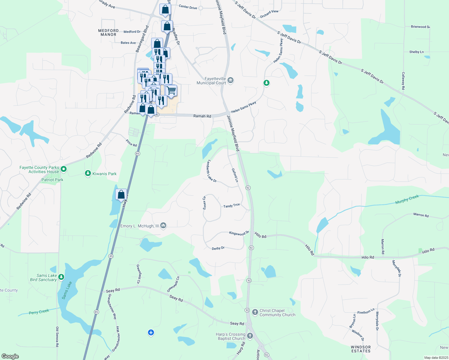 map of restaurants, bars, coffee shops, grocery stores, and more near 125 Lamberth Lake Dr in Fayetteville