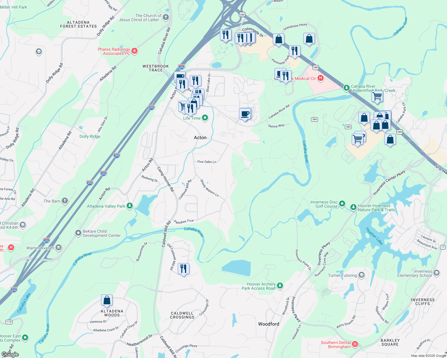 map of restaurants, bars, coffee shops, grocery stores, and more near 4693 Bridgewater Road in Birmingham