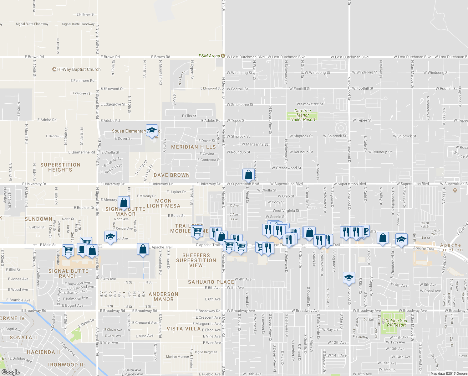map of restaurants, bars, coffee shops, grocery stores, and more near 2555 West Superstition Boulevard in Apache Junction