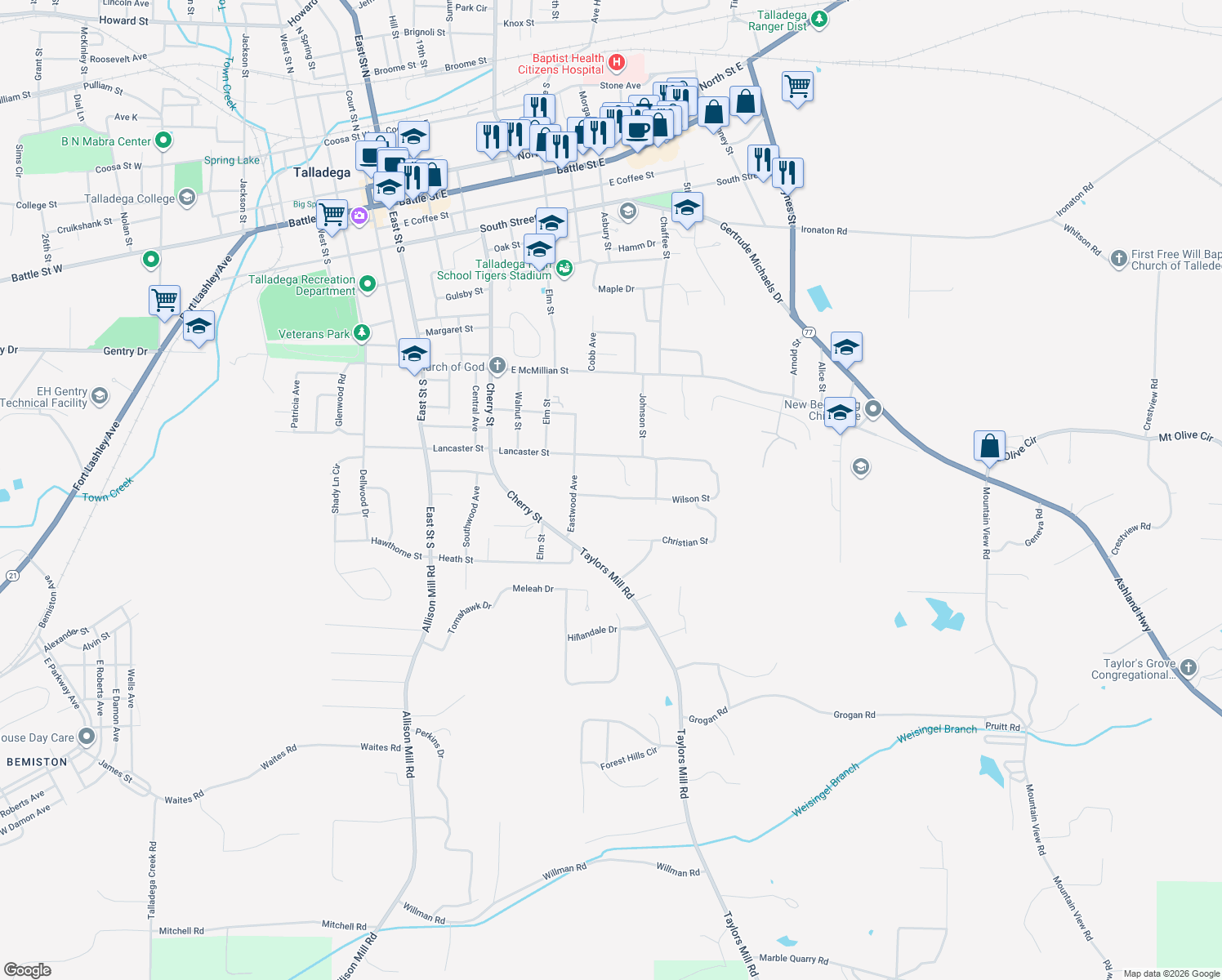 map of restaurants, bars, coffee shops, grocery stores, and more near 101 Wilson Street in Talladega
