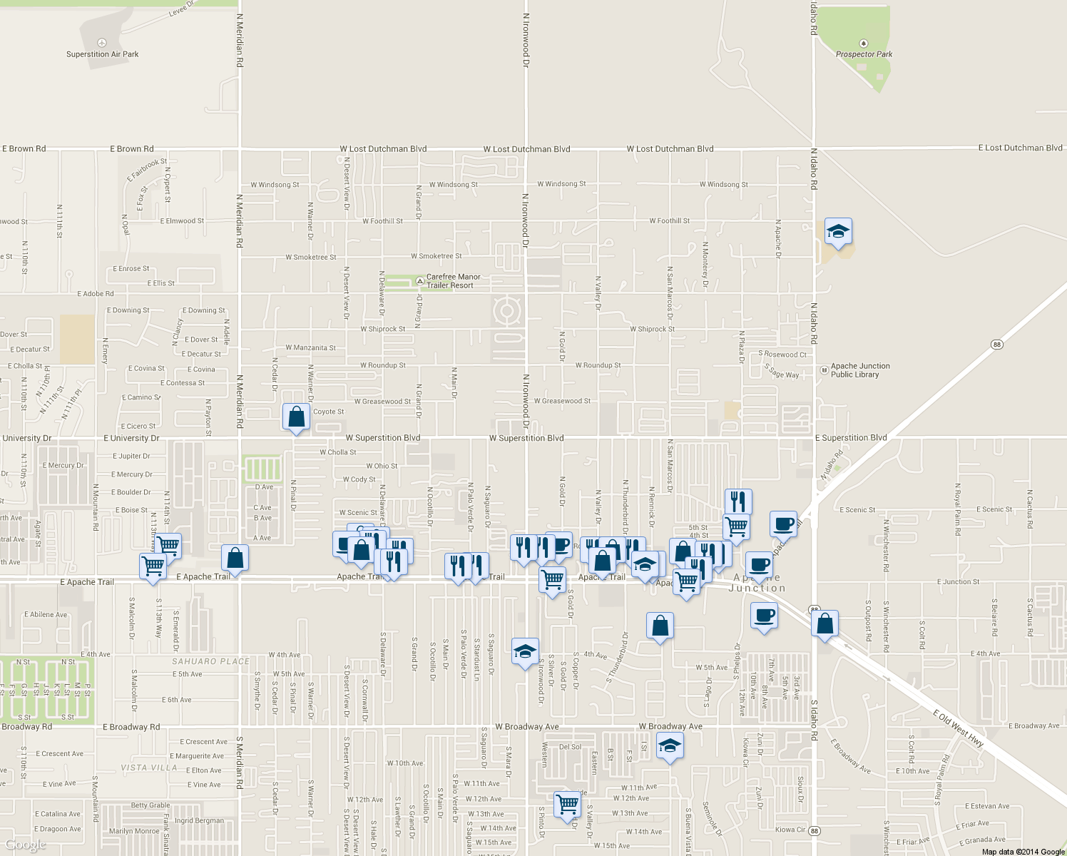 map of restaurants, bars, coffee shops, grocery stores, and more near 1560 West Superstition Boulevard in Apache Junction
